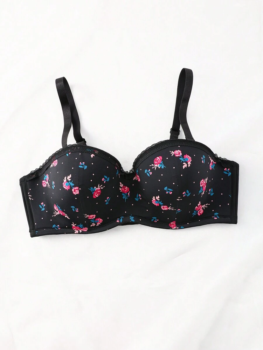 Plus Size Elegant Ditsy Floral Print Lace Trim Lingerie Brassiere - Multicolor - View 1