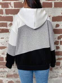 SHEIN LUNE Plus Size Color Block Hooded Drawstring Pocket Long Sleeve Sweatshirt