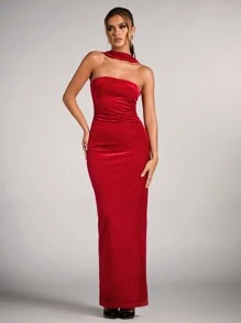 SHEIN BAE Elegante y hermoso vestido rojo de tubo de terciopelo, halter largo para fiestas, banquetes y reuniones, vestido rojo, ropa de mujer para Navidad, vestido elegante para boda, atuendo de mujer para Halloween, vestido de diosa griega, vestido para días festivos, vestido para fiesta de Navidad - Rojo - Ver 6