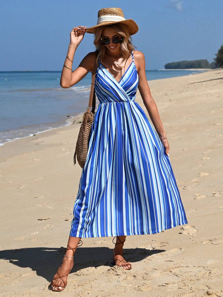 RueChic Striped Print Cami Dress - Blue - View 1