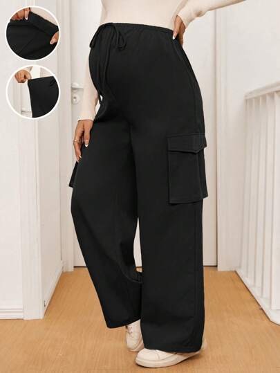 SHEIN Maternity Casual Solid Color Drawstring Waist Cargo Pants, Autumn