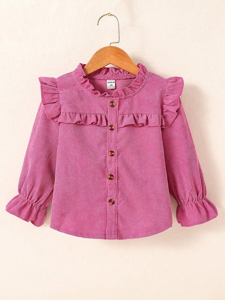 SHEIN Elladie kids 年轻女孩纯色荷叶边长袖衬衫,秋季 - 紫羅蘭色 - 查看 1