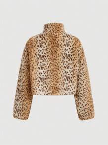 SHEIN MOD Stand Collar Leopard Print Thermal Lined Short Jacket, Fleece Jacket,Fur Coat,Cowgirl Jacket - Multicolor - View 2