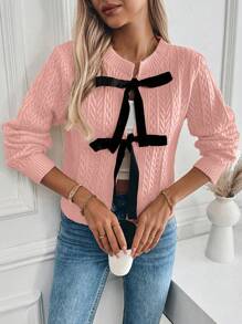 SHEIN Unity Women's Front Tie Long Sleeve Casual Blouse, Simple Design For Daily Wear Fall Cloth For Women - Pink - View 4