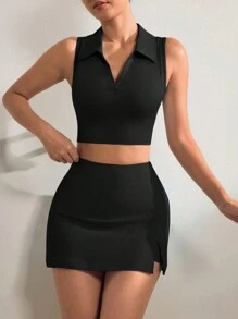 Conjunto de ropa deportiva de verano para mujer que incluye top sin mangas con cuello polo de unicolor y falda short con cintura elástica y abertura lateral