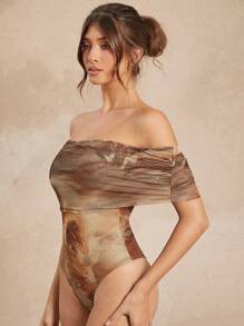 L'Amorae Abstract Floral Print Fold Over Sleeveless Bodysuit - Brown - View 3