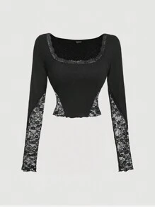 SHEIN MOD Square Neck Lace Trim Long Sleeve Patchwork Black T-Shirt,Elegant Goth Crop Top,Fitted Autumn Night Out Long Sleeve Top - Black - View 1