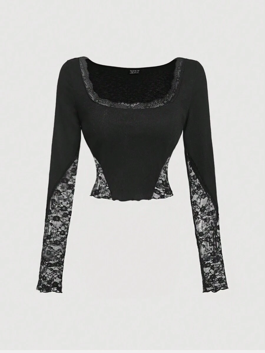 SHEIN MOD Square Neck Lace Trim Long Sleeve Patchwork Black T-Shirt,Elegant Goth Crop Top,Fitted Autumn Night Out Long Sleeve Top - Black - View 1