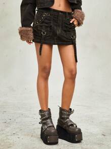 ROMWE Grunge Punk 女式做旧洗水可拆卸百搭长款牛仔裙 - 綠色 - 查看 3