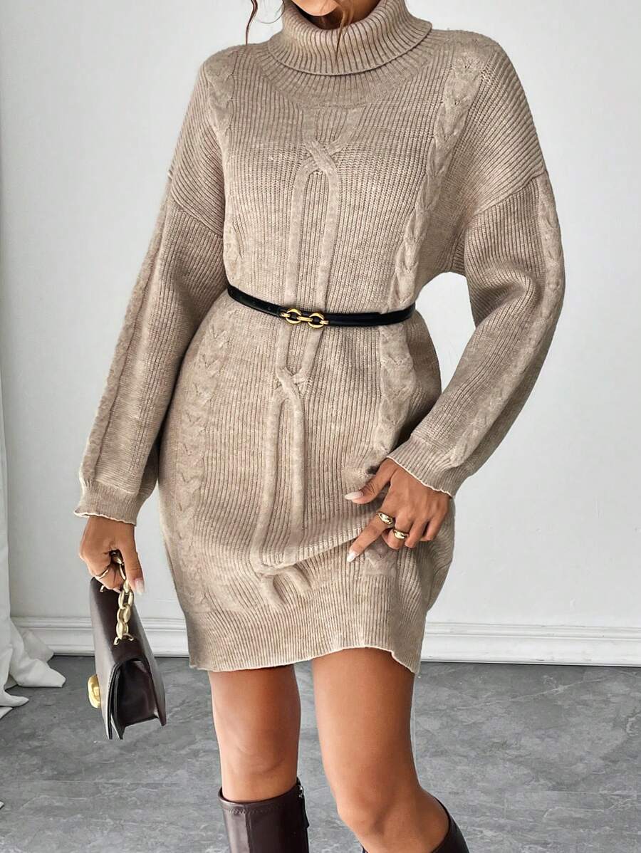 Chiquease Robe pull casual ample en tricot à col montant, manches longues et épaules dénudées, couleur unie, automne/hiver pour femmes - Nude - Voir 1