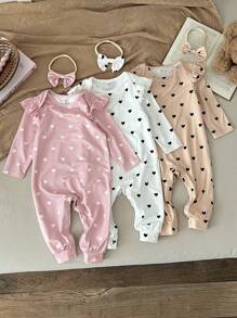 SHEIN LMoss Kids 3pcs Newborn Baby Girl Cute Heart & Polka Dot Pattern Knitted Romper With Headband Set, Autumn/Winter Print