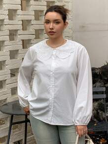 Dazy Petite Plus Plus Size Contrast Lace Collar Loose Lantern Sleeve White Peter Pan Collar Blouse, Spring/Summer/Autumn, Fall Women Clothes Long Sleeve Top - White - View 5