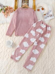 2 件 Tween Girl 睫毛和云朵图案优雅家居服套装，粉色简约时尚
