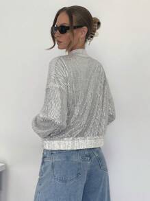 SHEIN Essnce Sequin Embellished Bomber Jacket, Shiny Party Jacket, Silver Color