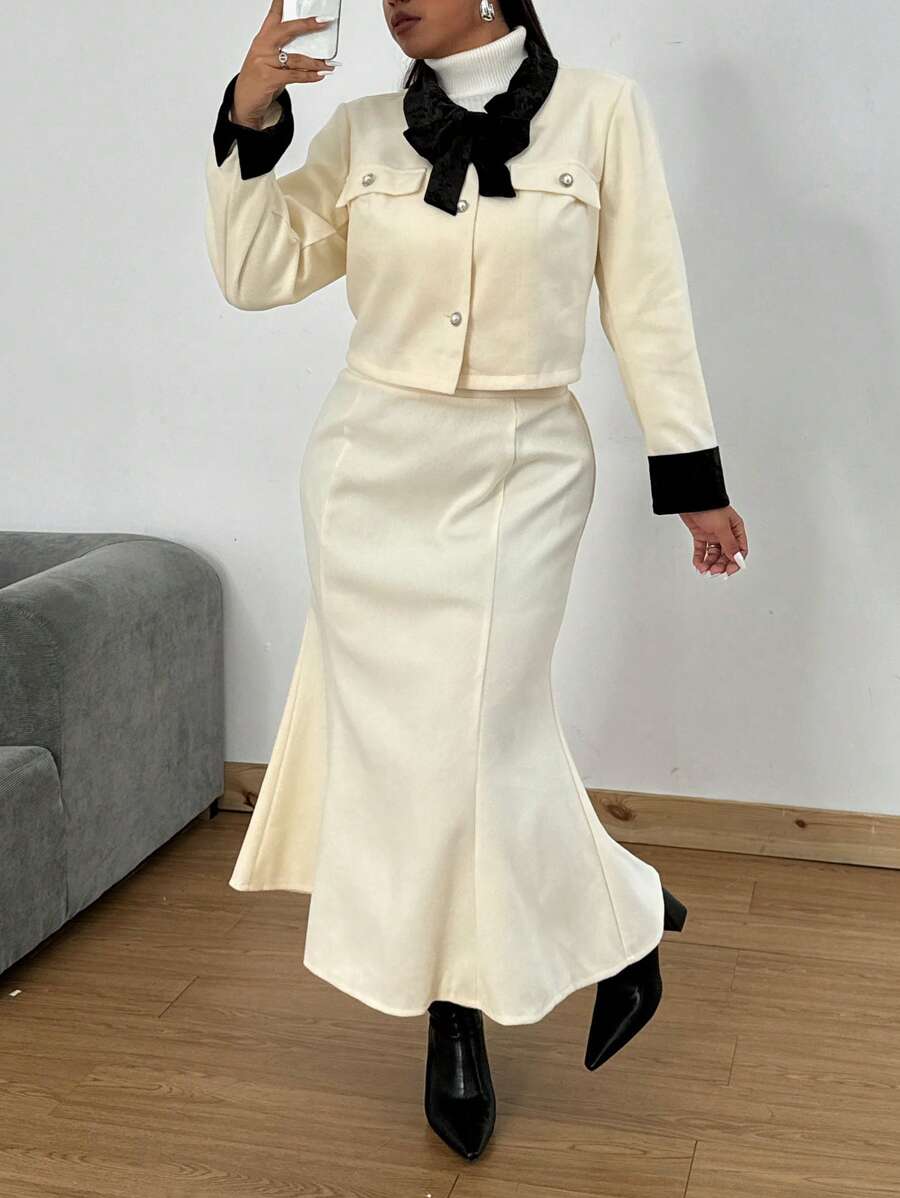 Flirla 大码女式撞色领扭纹长袖夹克和鱼尾裙优雅两件套,秋季 - 杏色 - 查看 1