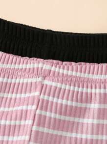 SHEIN 2 件套年轻女孩条纹圆领长袖上衣和裤子休闲套装，秋季 - 彩色 - 查看 5