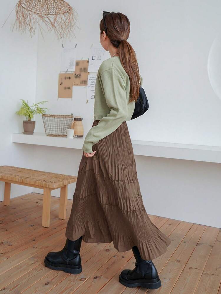 Solid Color Pleated Skirt For Women,Ruffle Fall