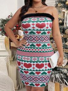 SHEIN Clasi Plus Size Fashion Patchwork Furry Trim Heart Print Bandeau Bodycon Dress