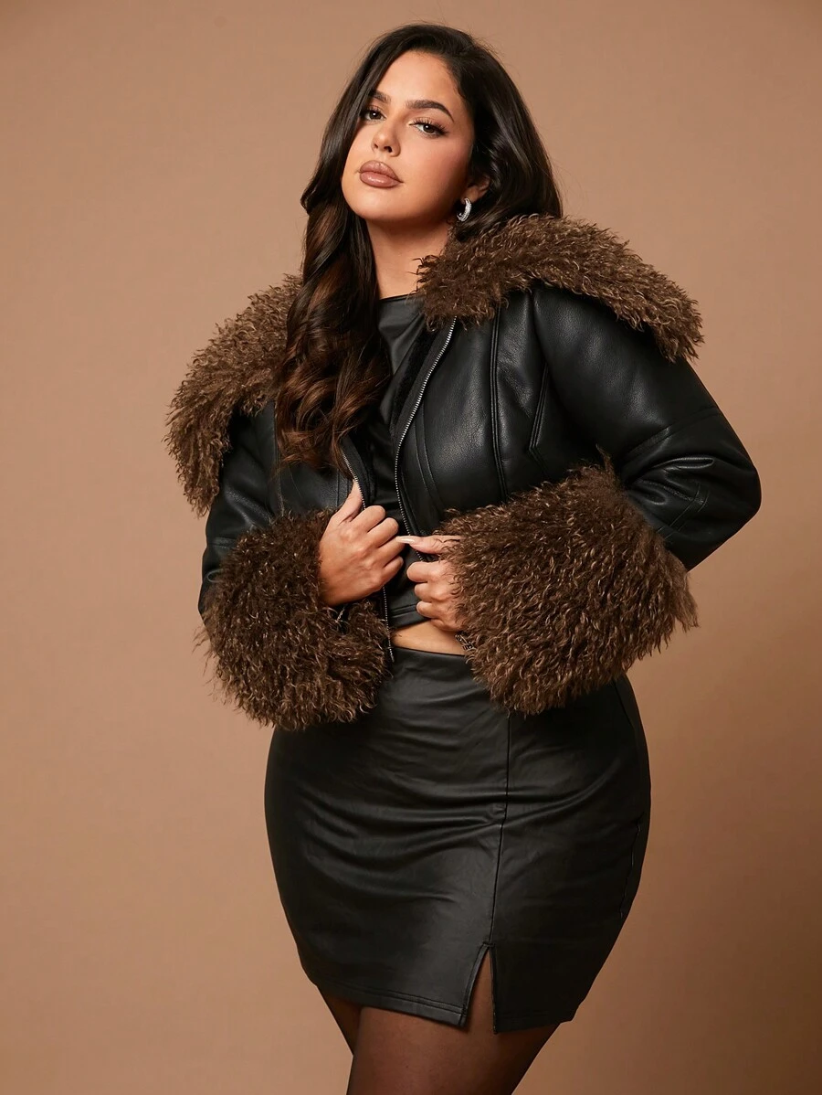 SHEIN BAE Áo khoác mùa thu dáng ngắn dành cho nữ, thanh lịch, gợi cảm, thích hợp đi dự tiệc, màu đen, chất liệu da PU, cổ và tay áo được may tỉ mỉ, phối lông thú màu nâu sô cô la, thích hợp mặc đi dự tiệc Halloween. - màu đen - Xem 1