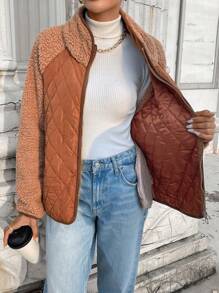 SHEIN LUNE Khaki Women Casual Fluffy Splice Pockets Jacket Basic Outerwear For Autumn/Winter