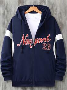 Manfinity Campus Court Men's Front Zipper Long Sleeve Solid Color Patchwork Minimalist Hoodie With Numeric Prints