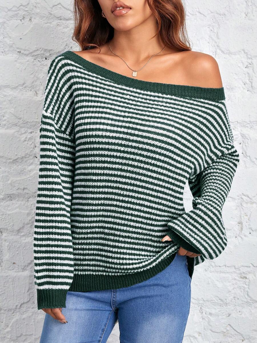 SHEIN PETITE Warm Striped Pattern Off-Shoulder Sweater For Going Out In Autumn And Winter - Green - View 1