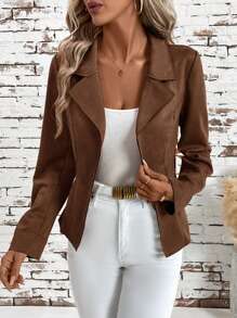 SHEIN Clasi 1pc Women Elegant Lapel Waistline Faux Suede Jacket In Fall/Winter - Coffee Brown - View 5