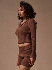 MUSERA 罗纹针织拉链开衫，舒适休闲街头风 - 棕色 - 查看 2