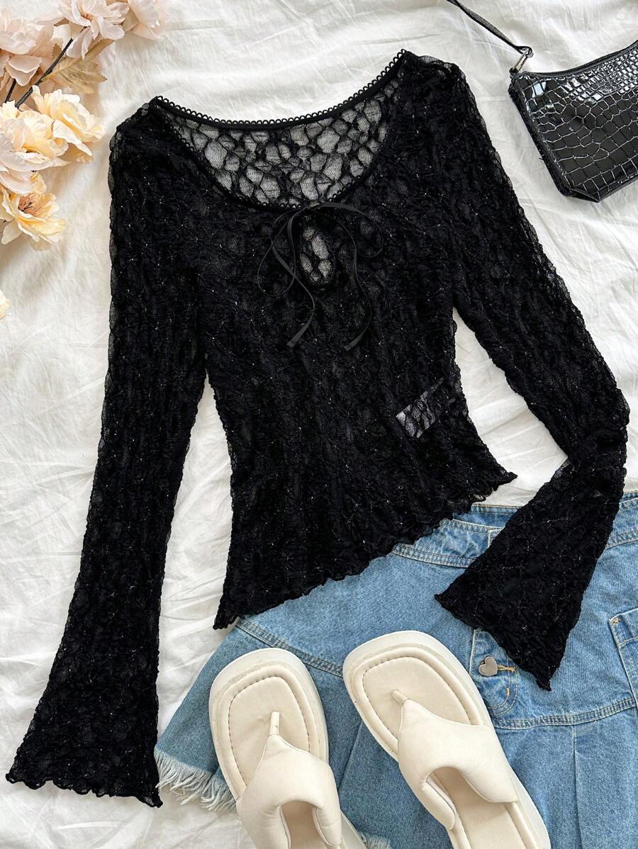 Soleia 女士度假二合一圆领长袖 T 恤，粗针织长袖套头衫 - 黑色 - 查看 1