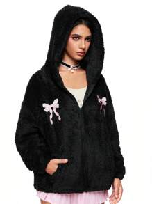 ROMWE Kawaii Cárdigan con capucha de forro térmico con bordado de moño dulce y fresco para mujeres, otoño/invierno