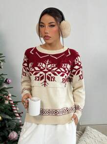 SHEIN Unity Áo len nữ mềm mại ấm áp họa tiết bông tuyết Giáng sinh, áo chui đầu dệt kim mùa thu đông. - Nhiều màu - Xem 3