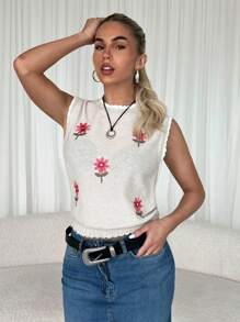 SHEIN Unity 1pc Women Floral Pattern Round Neck Casual Knitted Sweater Vest, Autumn/Winter - Beige - View 1
