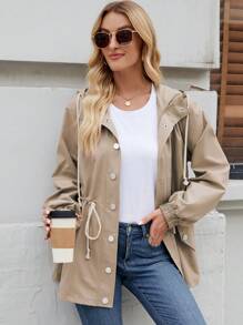 EMERY ROSE Women's Casual Solid Color Drawstring Waist Hooded Regular Jacket, Autumn - Khaki - View 4
