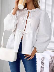 SHEIN Clasi 女式休闲长袖衬衫，带结饰和荷叶边下摆，适合秋季 - 白色 - 查看 5