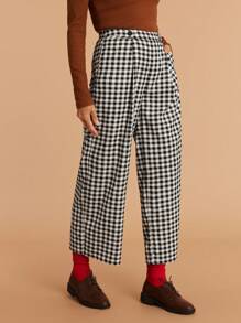 SHEIN LUNE Pantalones de pierna ancha de talle alto con botones a cuadros para mujer - Multicolor - Ver 8