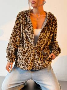 Muchica 豹纹蓬松宽松连帽拉链开衫