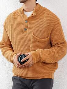 Manfinity Homme Suéter Casual de Manga Longa de Cor Sólida com Bolso, para Homens - Caqui - Visão 3