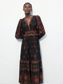 Maija 女款秋冬棕红色收腰及袖下摆收褶复古定位印花灯笼袖长款连衣裙 - 彩色 - 查看 7