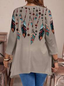 EMERY ROSE Plus Size Women New Year Casual Boho Colorblock Khaki Side Slit T-Shirt Autumn T-Shirt,Flower/Spring/Summer/Vacation Fall Formal Vacation - Multicolor - View 4