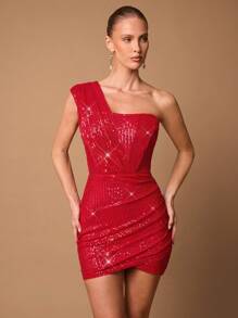 SHEIN BAE 女士红色不对称不对称领口褶皱亮片派对礼服，适合万圣节、圣诞节、舞会 - 紅色 - 查看 3