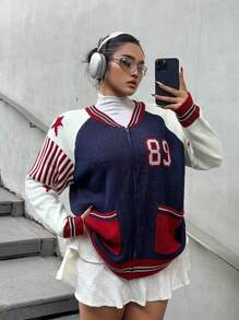 SHEIN MOOSTA 大码纯色拼接前拉链图案细节休闲针织套头衫 - 藍色 - 查看 3