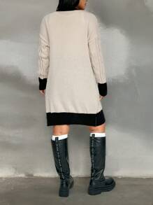 Calvaya Plus Size Women Contrast Color Pockets Casual Long Cardigan, Fall/Winter - Apricot - View 2