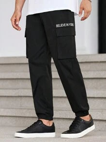 Manfinity Homme Men's Solid Color Front Lace-Up & Letter Print Pocket Casual Long Pants'