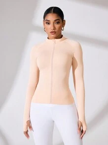 SHEIN Sports 女士纯色前拉链长袖运动背心/无缝/拉链/拇指孔 - 粉色 - 查看 1