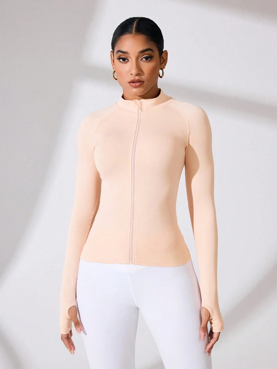 SHEIN Sports 女士纯色前拉链长袖运动背心/无缝/拉链/拇指孔 - 粉色 - 查看 1