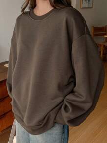 1 pieza Sudadera de mujer de unicolor, cuello redondo, corte holgado, forrada térmicamente, ropa de otoño - Café integral - Ver 7