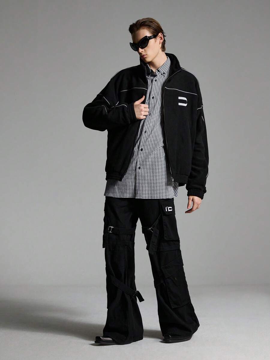 Manfinity VCAY Chaqueta con rayas reflectantes y forro de borreguillo de estilo urbano para hombres, apta para otoño/invierno