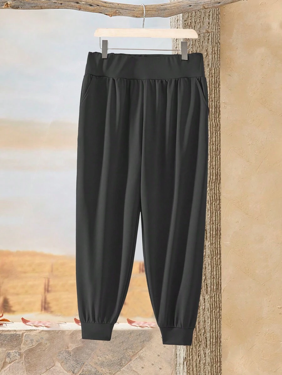 EMERY ROSE Quần áo mùa đông cỡ lớn cho phụ nữ Quần áo mùa đông Quần áo giữ nhiệt mùa thu đông cho phụ nữ Quần dài rút dây màu trơn thường ngày - màu đen - Xem 1