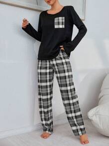 2pcs Women Plaid Print Long Sleeve Sleepwear Pajama Set, Top And Pants, Fall Clothes  Cozy And Elegant Details