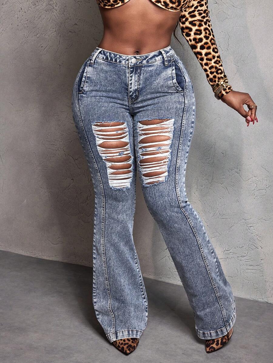 Slaydiva Women's Pocket Distressed Flared Casual Jeans - Light Wash - View 1